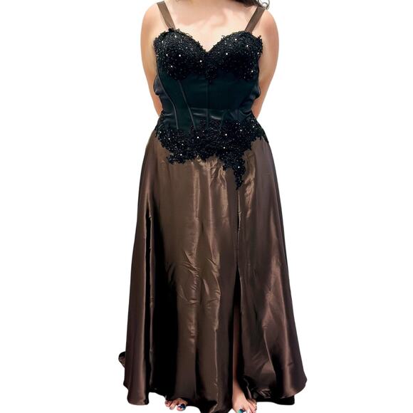 Jovani Embellished Lace Brown Satin Black Beaded Prom Evening Gown 12 Pageant - Picture 1 of 16